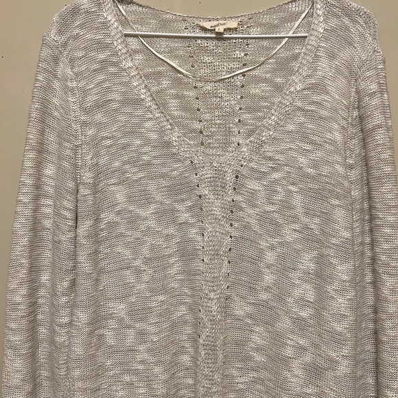 Mystree, Mix Media, Knit, U-Neck,Slit on each side Sweater, Light Taupe/Beige, L - Picture 4 of 8